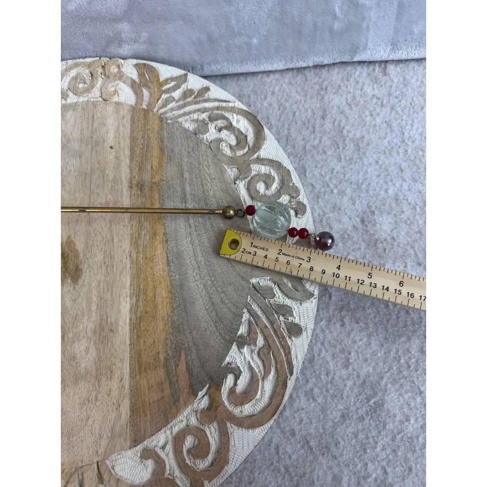Vintage‎ Brass Candle Snuffer Beaded Glass Handle Hinged Bell 10 Inch Gold Red